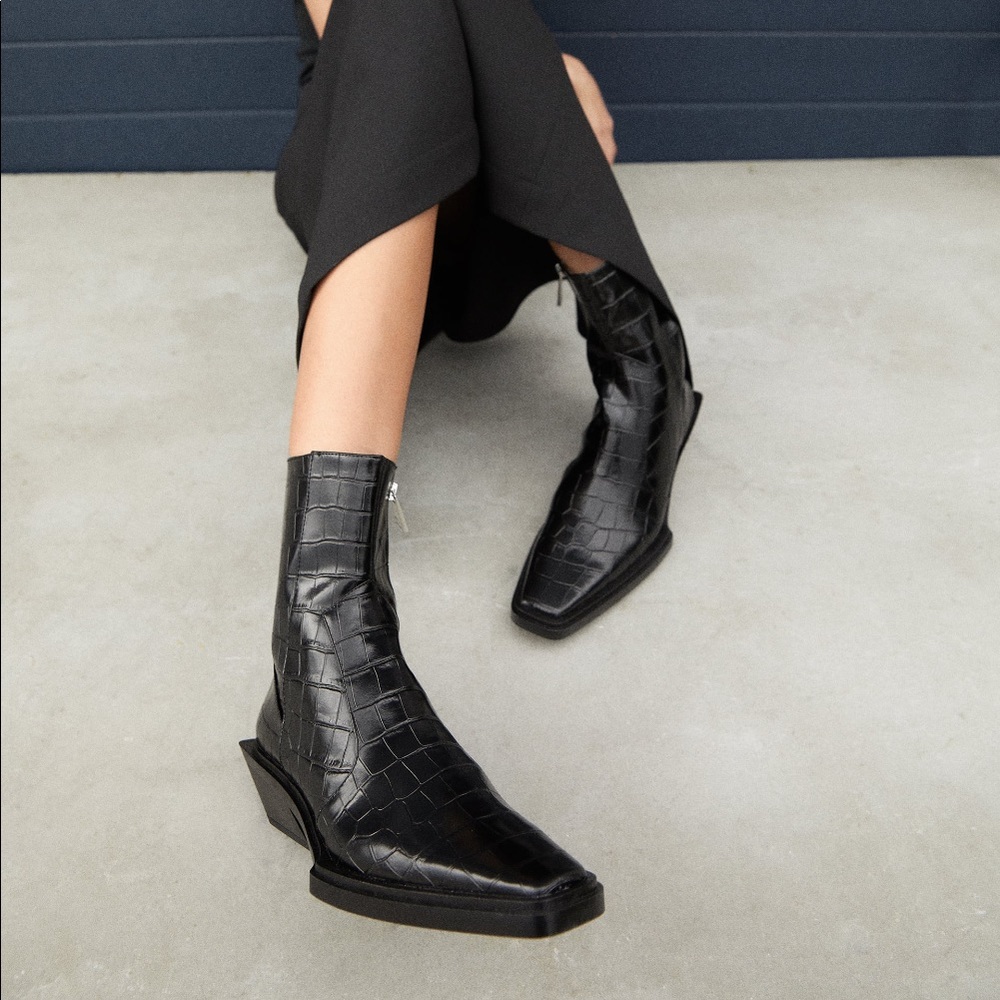 Zara Black Animal Print Cowboy Ankle Boots
